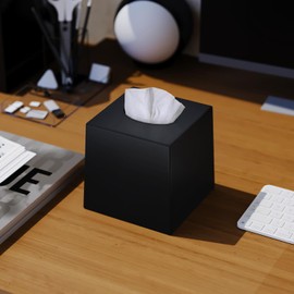 Creative Scent Black Tissue Box Cover Square - 2 Pack - Plastic Cube Tissue Holder Dispenser - Decorative Facial Tissue Box Holder for Living Room, Office Desk - Vanity Countertop (5.5" x 5.5" x 5.6")