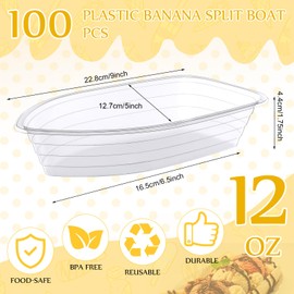 Rtteri Banana Split Boat Plate 12oz Disposable Ice Cream Sundae Bowls Banana Split Bowls Clear PET Plastic Splits Bowl Tray for Kid Party Dish Dessert Birthday Carnivals Gelato Home (100 Pcs)