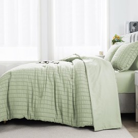 HYLEORY Queen Size Seersucker Comforter Set - 7 Pieces Reversible Comforters Bedding Sets, All Season Bed in a Bag with Comforter, Sheets, Pillowcases & Shams Sage Green