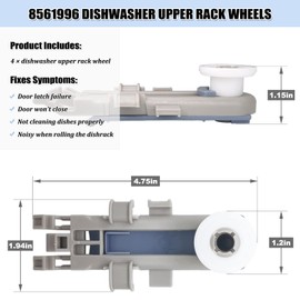 8561996 Dishwasher Upper Rack Adjuster Wheels WP8561996 for Whirlpool Maytag KitchenAid Dishwasher Upper Dishrack Roller Replacement Parts AP6285708 PS11746477 W10889280 W11157084 (4Pcs)