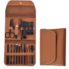 16Pcs Stainless Steel Manicure Pedicure Set, Nail Clippers Nail Care Tools Grooming Kit with PU Leather Case (Brown)