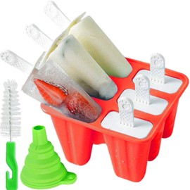Ausein Moldes para Paletas de Hielo 6 Cavidades, Moldes para Hielo Rojo Reutilizables sin BPA, Moldes de Silicona para Hielo Prácticos y Resistente con Cepillo de Limpieza y Embudo, Fácil de limpiar