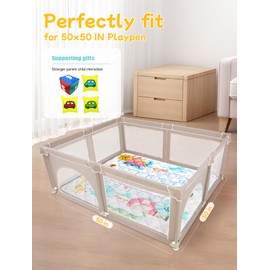 Baby Play Mat for Floor, 50x50 Play Mats with Parent-Baby Interaction Game Accessories for Playpen, Soft Cushiony Tummy Time Mat, Machine Washable Playmat for Infants, Babies, Toddlers