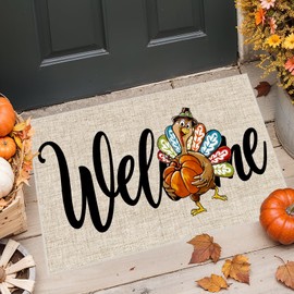 SEGXCFL Thanksgiving Front Door Mat Outdoor Entrance,Pumpkin Turkey Welcome Doormat Washable Non-Slip Rubber Backing,Thanksgiving Vintage Home Decorations Harvest Porch Decor Rug for Home