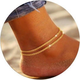 Ankle Bracelets for Women, Glitter Waterproof Adjustable Anklet for Women, 14K Gold Plated/Sterling Silver Layered Anklets, Summer Beach Anklet Jewelry for Women Gift - Color: Gold