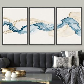 SIGNWIN Framed Canvas Print Wall Art Set Blue Tan Smoke Wave Landscape Abstract Shapes Illustrations Modern Art Decorative Contemporary Colorful for Living Room, Bedroom, Office - 24"x36"x3 Black
