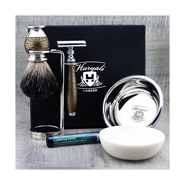 Complete 5 Piece Shaving Set: Pure Badger Hair Shaving Brush, Safety Razor, Razor Stand, Stainless Steel Shaving Bowl & Haryali London Premium Soap + Free Aluminium Stick > Perfect for Wet Shaving - Gold Antique Special Collection - Great Gift For Him
