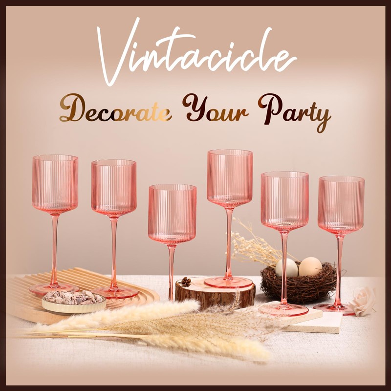 Vintacicle Pink Square Wine Glasses Set of 6, Elegant Ribbed