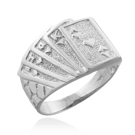 Men's 925 Sterling Silver Lucky Nugget Band Royal Flush of Hearts Poker Ring (Size 10.5)