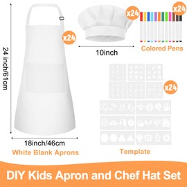 BOUBONI 24 Sets Kids Apron and Chef Hat Set Adjustable Toddler Apron with Colored Pen Template for Baking Painting Crafts