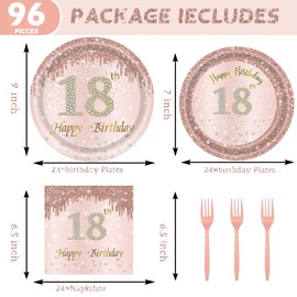 24 Sets 18th Rose Gold Birthday Party Decorations for Girls 18 Birthday Plates and Napkins Forks Party Supplies for 18 Year Old Birthday Disposable Party Favors