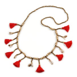 Avalaya Natural Coloured Wood/Bronze Glass Bead with Red Cotton Tassel Long Necklace - 100cm L