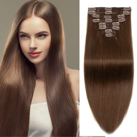 Clip in Hair Extensions Real Human Hair Clip-in Chocolate Brown Clip ins 100% Brazilian Remy Human Hair Extension for Women Girls 8pcs Per Set with 18 Clips Double Weft (18 Inch)