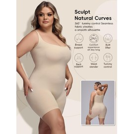 QOU Women's Plus Size Seamless Bodysuit Waist Trainer Tummy Control Snatched Waist Scoop Neck Sleeveless