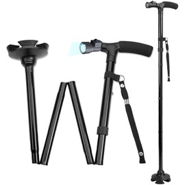 Walking Cane with Led Light - Adjustable 37 Inch Folding Canes and Walking Sticks, Collapsible Daily Mobility Canes with Rubber Feet for Men and Women, Black