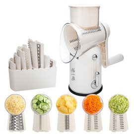 ZHANG XIAO QUAN SINCE 1628 5-in-1 Interchangeable Blades Rotary Cheese Grater Hand Crank, Cheese Shredder Mandoline Vegetable Julienne Slicer Cutter Nut Chopper with Anti-Slip Base, Blade Storage