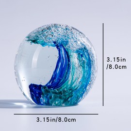 QIANCHANG Blue Wave Blown Glass Figurines Collectibles Sea Glass Crystal Art Ocean Wave Paperweight Home Office Decor Gift(3.15in)