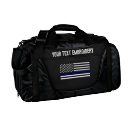 Gym Duffel bag Custom Embroidered Thin Red line or Blue line USA flag Travel Work Out Bag (Black/Black)