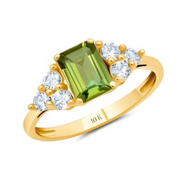 MAX + STONE Solid 10K Yellow Gold Ring for Women with Emerald Cut Green Peridot Gemstone and Created White Sapphire Accents | August Birthstone Rings | Real Peridot Anniversary Ring Size 8