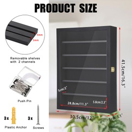 Hipiwe Military Challenge Coin Display Case, Medals Shadow Box Pinnable Display Cabinet for Medals Pin Badges Buttons, Wall Mount Wooden Coin Holder with Acrylic Door and Removable Shelves