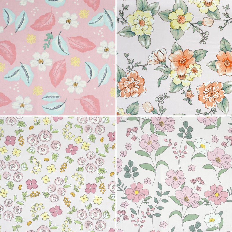 Qililandiy Pink Floral Cotton Fat Quarters Quilting Fabric, 7 Pieces,