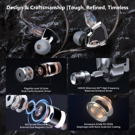 Hidizs MS2 PRO in-Ear Monitor, 10.2mm Dual-Magnetic Drivers 1DD+1BA Hybird IEMs Wired Earbuds, Zinc Alloy Integrated Molding, Pneumatic Filters for Audiophile Musicians, Detachable 3.5mm OFC Cable