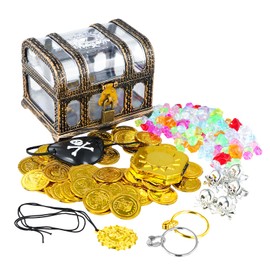 FLYAB Pirate Treasure Box - Plastic Treasure Box with Lock and Keys, Gems, Gold Pirate Coins, Rings, Skull Earrings Treasure Chest Box for Pirate Party Favors Decoration