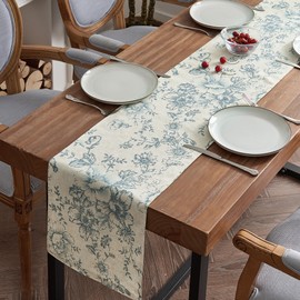 TOPICK Linen Table Runner Floral Print Kitchen Table Runner 72 Inches Long Vintage Botanical Decorative Table Runner Farmhouse Rustic Coffee Table Decor for Dresser Dining Room 1 Panel Blue on Beige