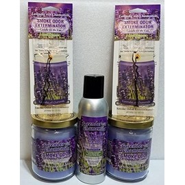 Smoke odor Exterminator Lavender with Chamomile, Includes Two 13 oz Jar Candle One 7 oz Spray & Two Car Hangers All in One Bundle.