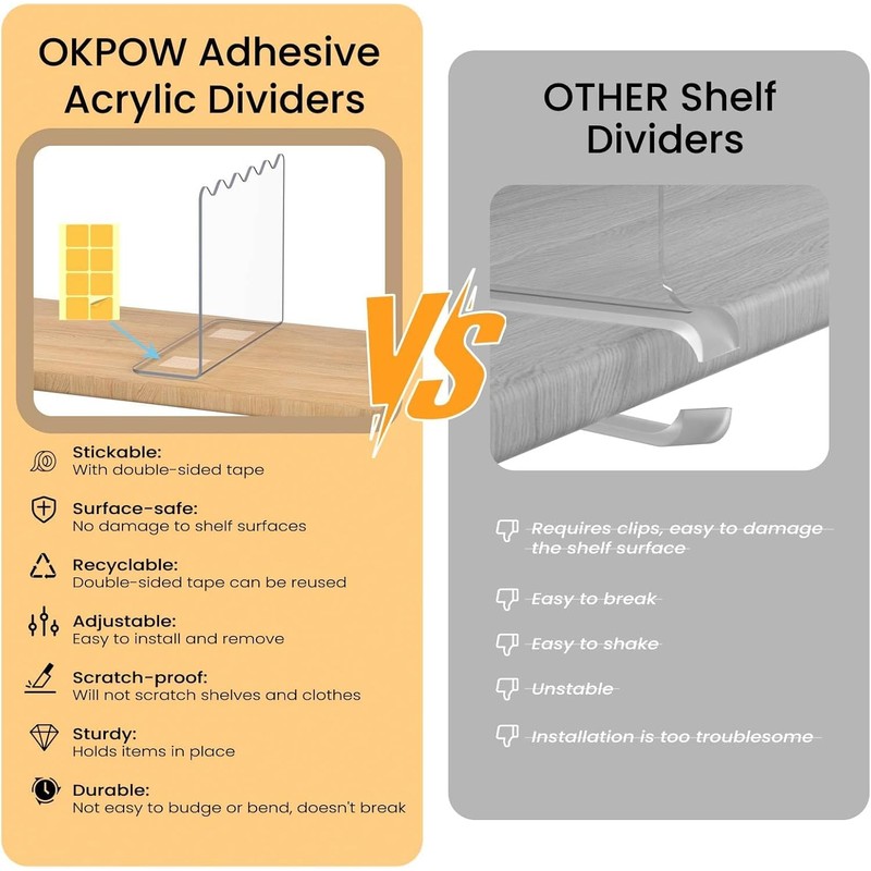 OKPOW Acrylic Shelf Dividers for Closet Organization - 10" Tall