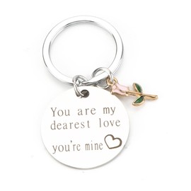 Elegant Stainless Steel Keychain with Rose Charm, 'You Are My Dearest Love You're Mine' Quote, Perfect for Couples, Valentine's Day Gifts, Cute Keychain Accessories for Women, Modern Simple Design