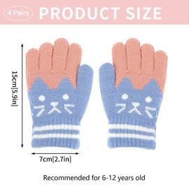 Bekecidi 3 Pairs Kids Winter Gloves, Cute Cat Warm Knitted Gloves Thermal Fluffy Gloves Children Mittens Full Finger Gloves Stretch Gloves for Boys and Girls Age 6-12 (Pink, Black, Cyan)