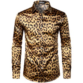 ZEROYAA Men's Hipster Leopard Printed Silk Like Satin Button Up Dress Shirt for Party Prom ZLCL31-103-Gold Large