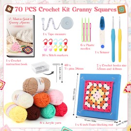Aeelike Crochet Kits for Beginners Adults Granny Squares, Learn to Crochet Granny Squares Starter Kit, Easy Granny Square Crochet Kit for Beginner with Instruction Book Crochet Blocking Mat and T Pins