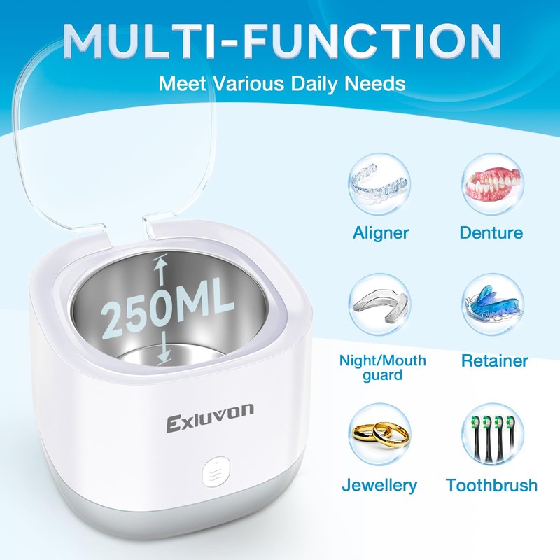 Exluvon Ultrasonic Retainer Cleaner 45kHz, 250ML Portable Ultrasonic Cleaner, Professional