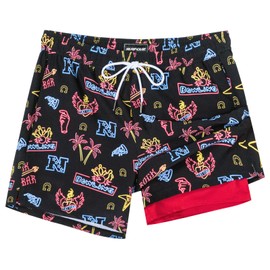 SURF CUZ Mens Swim Trunks with Compression Liner 5" Swim Shorts Quick Dry Bathing Suit Swimming Trunks Zipper Pockets Black Neon Party Small