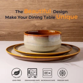 LeRatio Ceramic Dinnerware Sets,12-Piece Plates and Bowls,Handmade Reactive Glaze Dishes Set,Chip Resistant and Scratch Resistant | Oven Dishwasher & Microwave Safe,Service for 4-Kahki