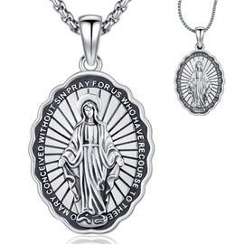 Thanches Virgin Mary Miraculous Medal Catholic Necklace for Men Women, 925 Sterling Silver Patron Saint of Faith and Divine Oval Medal Pendant Amulet Religious Jewelry Gifts, Small, Sterling Silver,