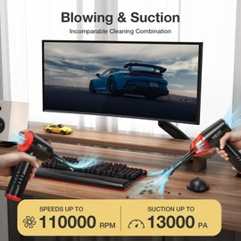 Compressed Air Duster & Mini Vacuum Cleaner 4in1, MECO 3 Gear 110000RPM Electric Air Blower, 13000PA Keyboard Cleaner, Handheld Vacuum Cordless Air Duster for PC/Computer/Keyboard/Sofa/Car (Red)