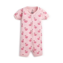 MONICA + ANDY Baby Shorty Pajamas, Size 6-9 Months, Flamingo Floaties on Light Pink, 100% Organic Clothes for Girls & Boys, Unisex, Sustainable Super Soft Fabric, Sizes for Toddler, Newborn, & Infant