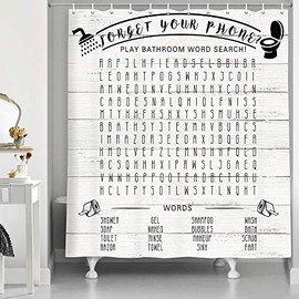 Funny Bathroom Word Search Shower Curtains, Forget Your Phone on Retro Wooden Plank for Country Rustic Bathroom Decor, Polyester Fabric Wood Shower Curtain, Washroom Bathroom Accessory Sets, (69X70)