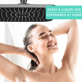 JINYOMFLY Rain Shower Head, Square Rain Shower Head, 13 Inches, Fixed Shower Head, Rain Shower, 360° Adjustable Rainfall Shower Head, Water-Saving Built-in Shower Heads for Bathroom (Black)