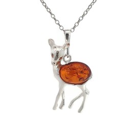 Kiara Jewellery Sterling Silver Designer Roe Deer Pendant Necklace Inlaid With Cognac Amber On 18" Sterling Silver Chain.