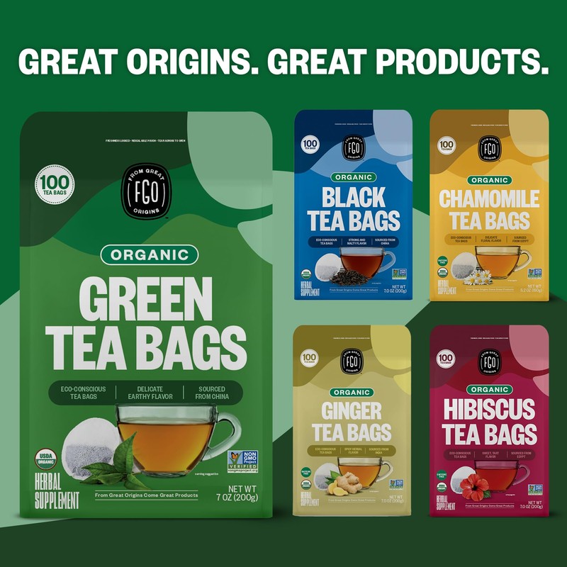FGO Organic Green Tea, 100 Count Eco-Conscious Tea Bags, Caffeinated,