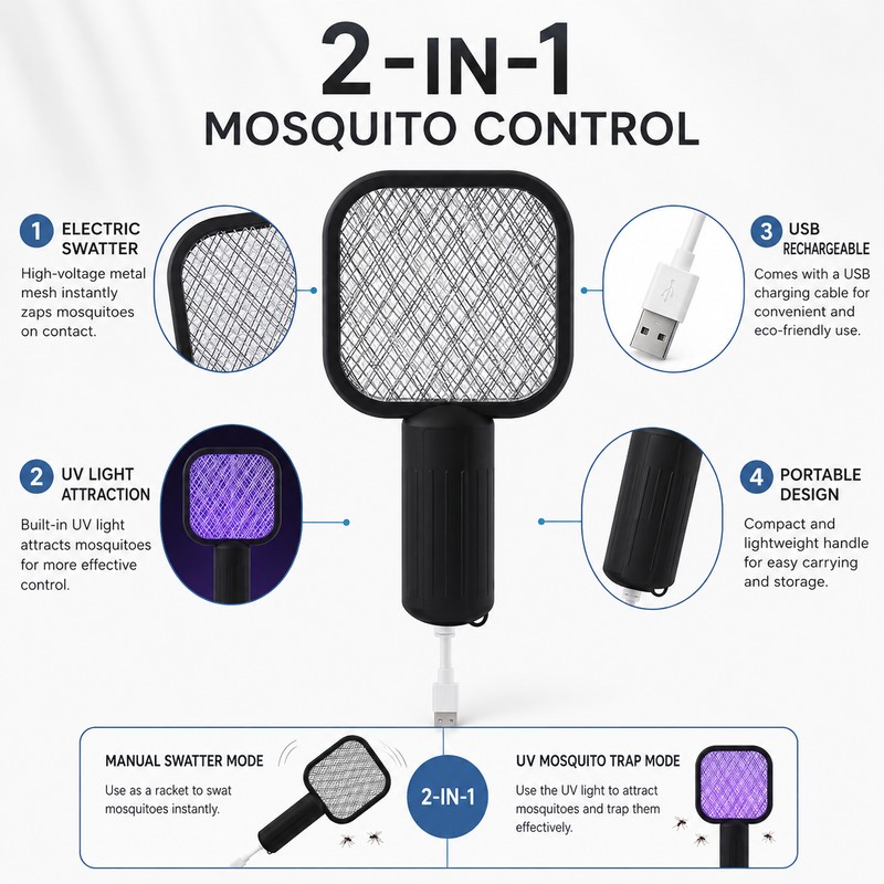 2 Piece USB Mosquito Swatter Trap for Camping – 2-in-1