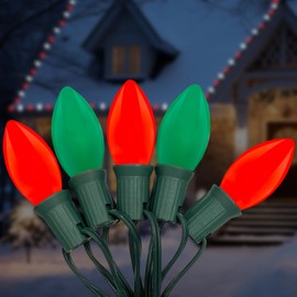 C9 LED Christmas Lights, 25Ft Vintage C9 Christmas Lights with 26 LED Ceramic Red Green Bulbs, Hanging Connectable Christmas String Lights for Patio Garden Holiday Home Christmas Decor-Green Wire
