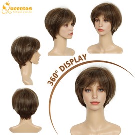 QUEENTAS Short Wigs for Women Brown Highlingt Blonde Wig Pixie Layered Synthetic Hair Wig Daily or Cosplay