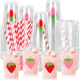 FYSUIMU 50Pcs Strawberry Disposable Plastic Cups with Lids and Straws 12Oz Red Pink Cold Beverage Drinking Cups for Summer Wedding Birthday Baby Shower Party Supplies