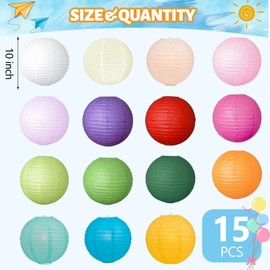 JIEFULL 15 Pcs Colorful Paper Lanterns Round Hanging Ball Multicolor Party Decorative Decoration for Birthday Wedding Bridal(10")