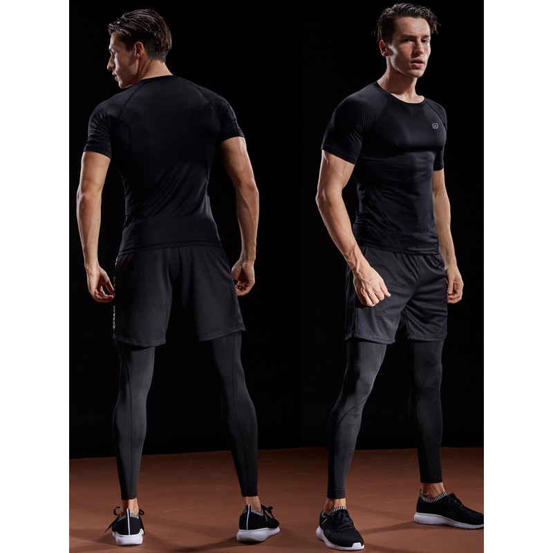 NELEUS Men's 3 Pack Compression Baselayer Athletic Workout T Shirts,5022,Black,Grey,Navy